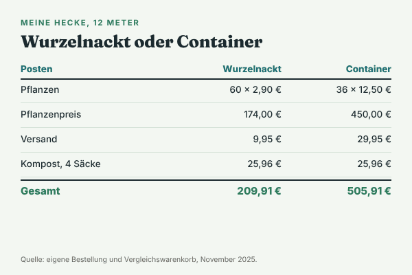 Tabelle: Kosten für 12 Meter Hainbuchenhecke. Wurzelnackt 60 Pflanzen 174,00 €, Versand 9,95 €, Kompost 25,96 €, gesamt 209,91 €. Container 36 Pflanzen 450,00 €, Versand 29,95 €, Kompost 25,96 €, gesamt 505,91 €